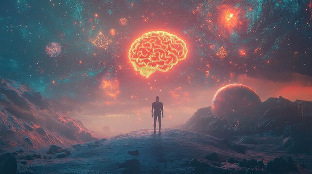 Man contemplates cosmic brain, alien landscape, nebula background, science fiction concept