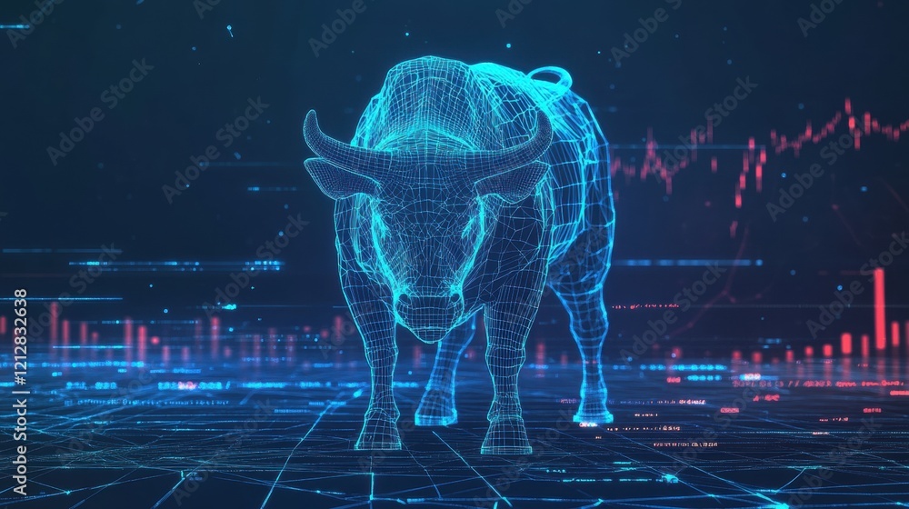 Poster bull standing on digital background with abstract geometric patterns and bright colors