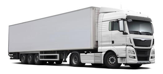 A modern European truck with a cab and semi-trailer in full white. Front side view isolated on white background.