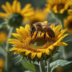 "A honeybee collecting nectar from a sunflower, macro capture with blurred natural background."