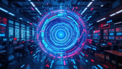 "A dynamic holographic vortex of stock market fluctuations, glowing in vivid blue and red tones, suspended in a modern office."