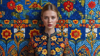 Young woman in floral jacket against colorful mosaic wall portrait headshot