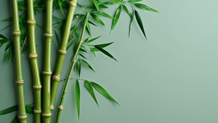 Fototapeta premium Green bamboo stalks and leaves against a soft background creating natural pattern