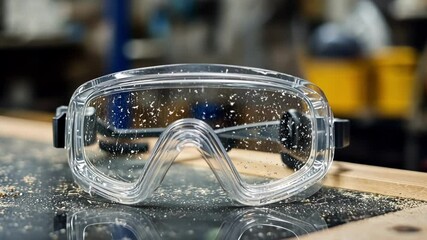 Transparent safety goggles, speckled with dust and debris, sit on a workbench in a bustling workshop, highlighting the importance of eye protection in manufacturing and industrial settings