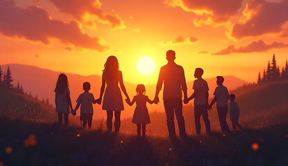 Backlit family silhouetted against vibrant orange sunset, holding hands in grassy meadow with fireflies flickering nearby