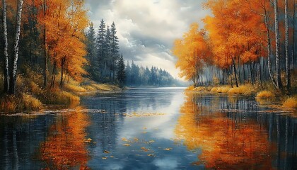 Serene autumnal lake reflecting vibrant orange and yellow trees under a cloudy sky.