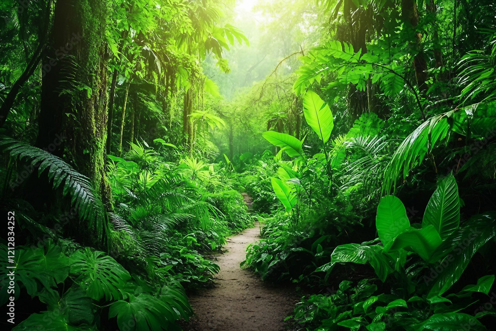 Poster a beautiful tropical island with palm trees surrounded by mountains generative ai image