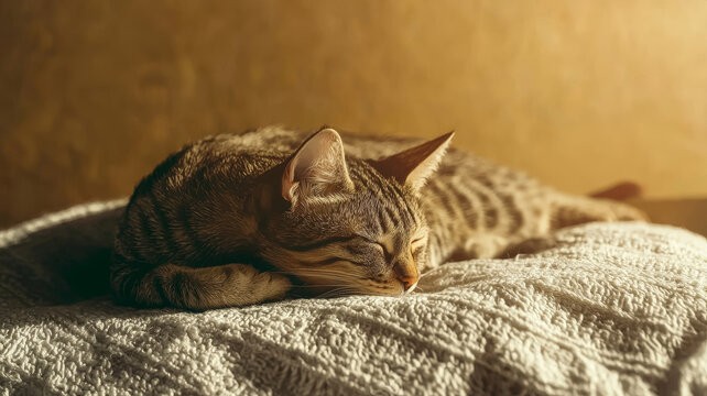A serene moment of a tabby cat sleeping peacefully on a soft, textured blanket in warm natural sunlight