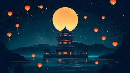 Serene night scene with glowing lanterns, peaceful atmosphere over tranquil water, highlighting calm and reflection.