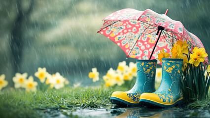 Colorful Rubber Boots and Floral Umbrella in Rainy Garden Surrounded by Bright Yellow Daffodils and Gentle Raindrops Creating a Serene Atmosphere