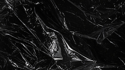 Black transparent plastic wrap texture overlay background. Realistic plastic for poster design and photo overlay effect. Wrinkled plastic surface pattern for graphic design sources and element mockup.