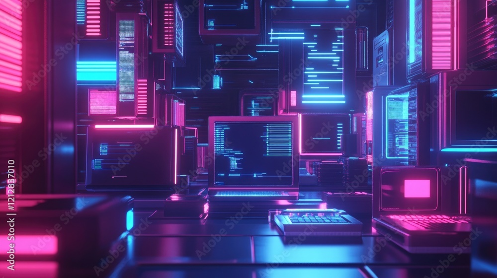 Poster cyberpunk technology grid with illuminated screens and data displays in neon light