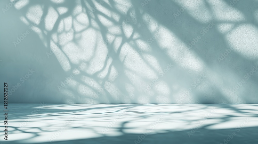 Poster soft, intricate shadows cast by branches on a light blue wall create a serene and abstract pattern.