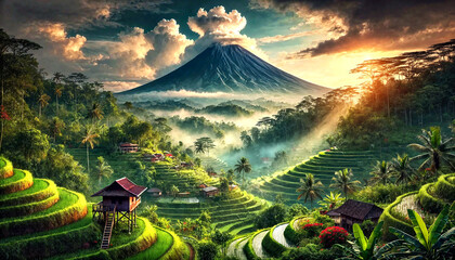A majestic volcanic peak with lush forests, terraced fields, and misty mornings. Sunlight pierces through clouds, highlighting a serene village with wooden houses and colorful flowers