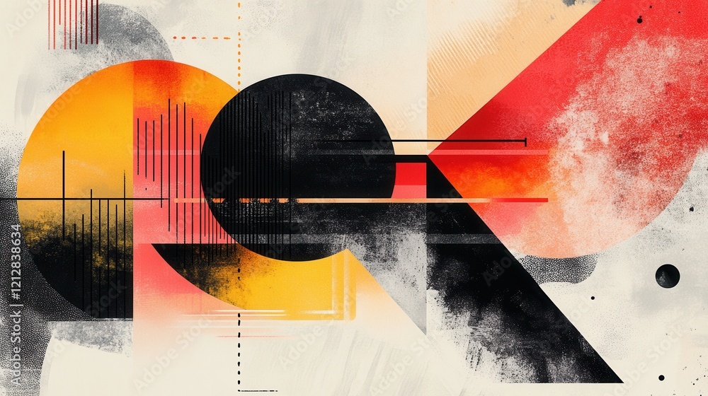 Poster dynamic modern geometric composition with layered shapes and textures, digital art, abstract environ