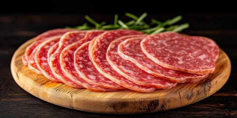 Obraz premium Slices of Salami on Wooden Board with Fresh Herbs for Appetizer