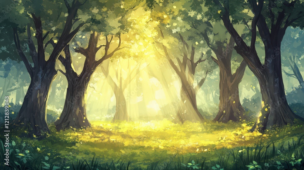 Poster sunlight streams through the dense trees creating a magical scene in a forest