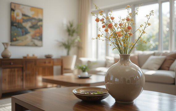 Close-up image of ceramic vase on table in bright living room