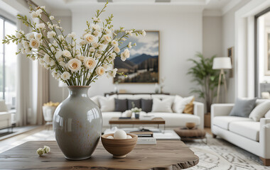 Close-up image of ceramic vase on table in bright living room