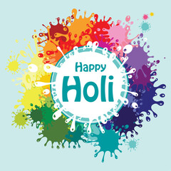 Happy Holi spring festiva. Celebration mint background with colors splash, Frame and place for your text.  Vector Illustration