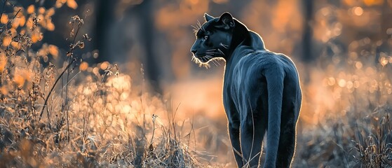 Fototapeta premium Defocused Panther in Warm Golden Glow of Sunset with Shallow Depth of Field