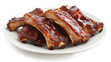 A plate of succulent barbecue ribs with a tangy barbecue sauce glaze, Each rib&rsquo;s caramelized exterior and tender meat captured with precision