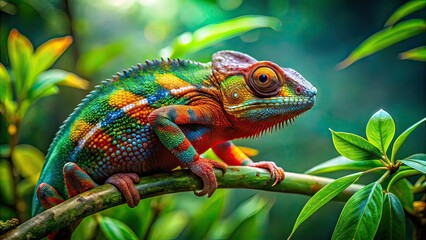 Obraz premium Rainforest Chameleon, Curious Reptile, Branch, Copy Space