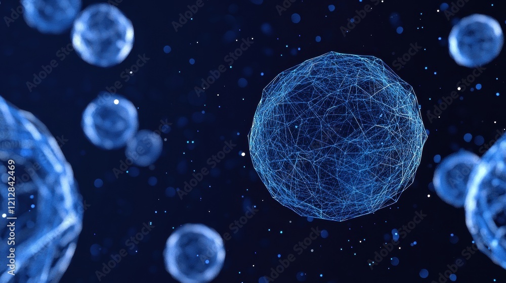 Poster sphere covered in numerous blue dots creating an abstract visual effect and texture on a white backg