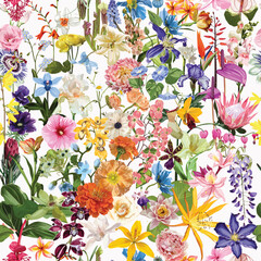 Seamless pattern with hand drawn colored decorative tropical and garden flowers. Hand drawn sketch. Template for floral textile design, paper, wallpaper, web.
