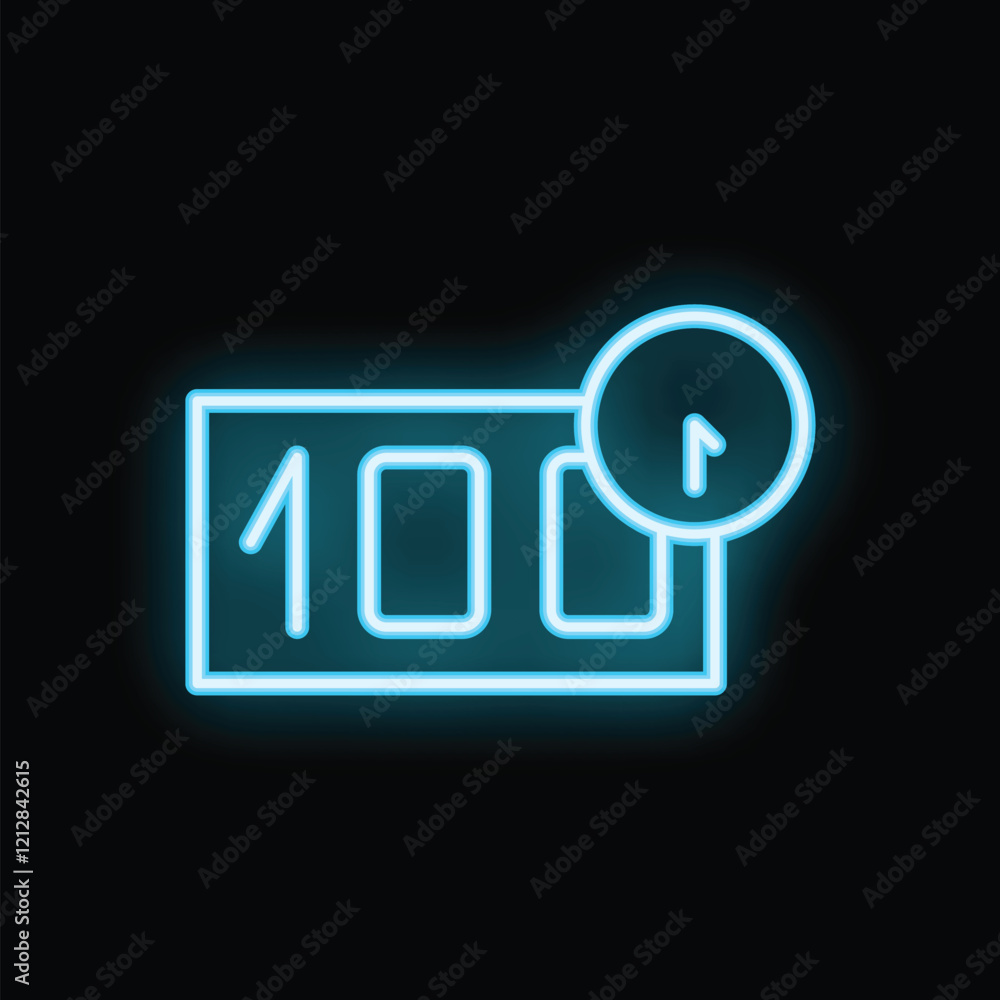 Poster one hundred percent loading bar with clock showing one minute remaining time, in blue neon light sty