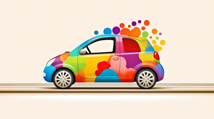 Fototapeta premium Colorful Abstract Car with Vibrant Dots on Minimalist Background.