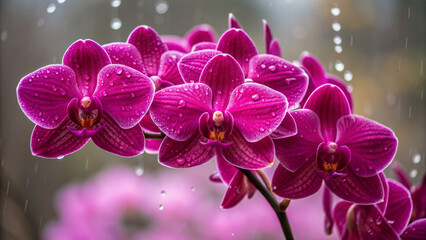 Vibrant dark pink orchid cluster in rain close-up view nature photography serene environment botanical beauty