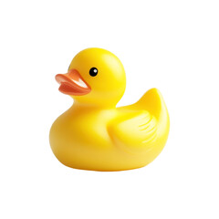 A bright yellow rubber duck toy is shown against a white background; it is a classic bath toy.