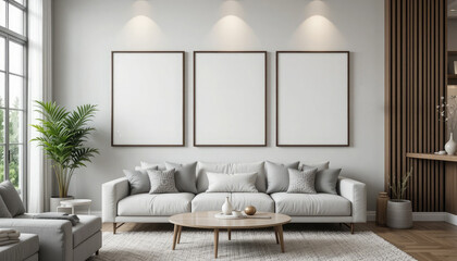 Frame Mockup on Living Room Wall, Modern Interior Design with 3D Render.