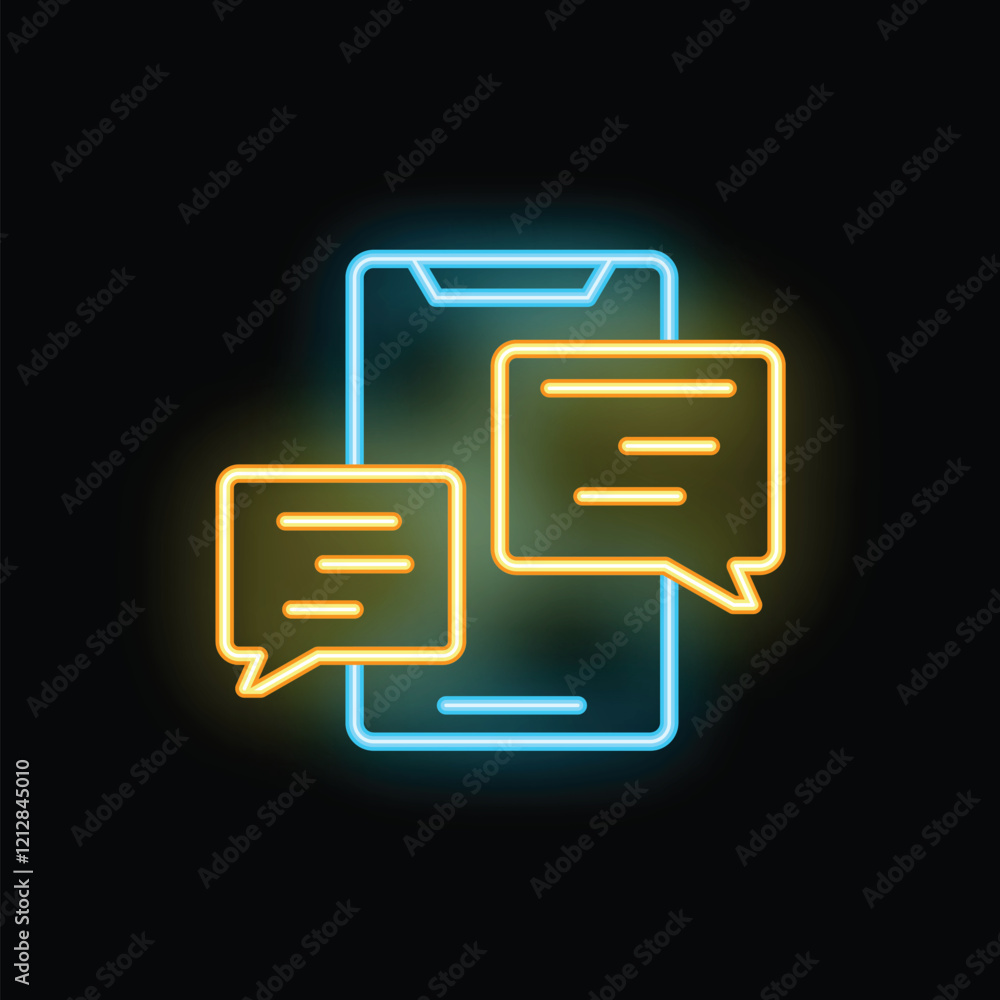 Poster bright neon illustration of a smartphone with two chat bubbles representing instant messaging and co