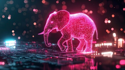 Pink digital elephant walking on circuit board, bokeh background, tech concept