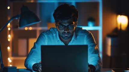 Thoughtful concentrated indian business man entrepreneur investor manager using computer, watching webinar working in office analyzing online data market thinking doing web research looking at laptop