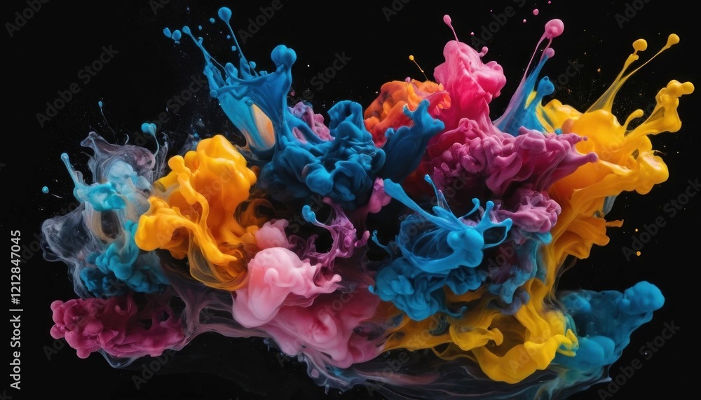 Poster dynamic abstract of colorful ink splashes on black background, creating artistic patterns