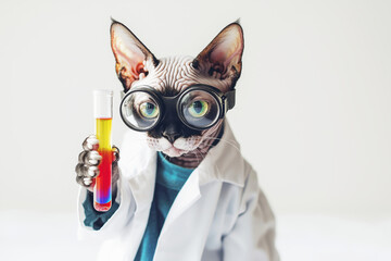 Sphynx cat scientist conducts colorful experiments in lab coat and goggles