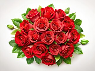 Obraz premium Red Rose Bouquet Top View, White Background, Copy Space