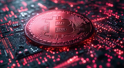 Glowing Bitcoin Cryptocurrency on Circuit Board