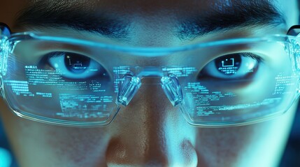virtual reality, hacking and programming concept - close up of asian male hacker's face in vr glasses with computer program projection