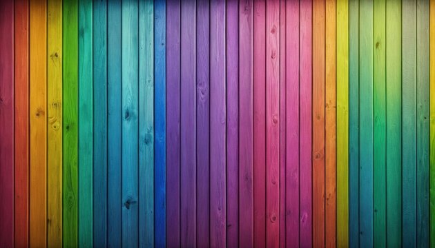 A vibrant rainbow of wooden planks creates a colorful and textured background design