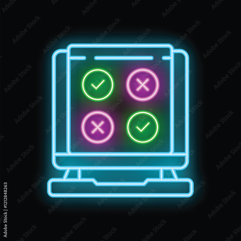 Poster neon icon of a survey showing checkmarks representing correct and incorrect answers