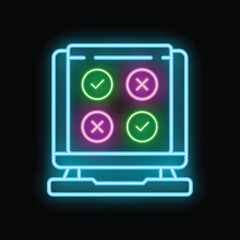 Neon icon of a survey showing checkmarks representing correct and incorrect answers