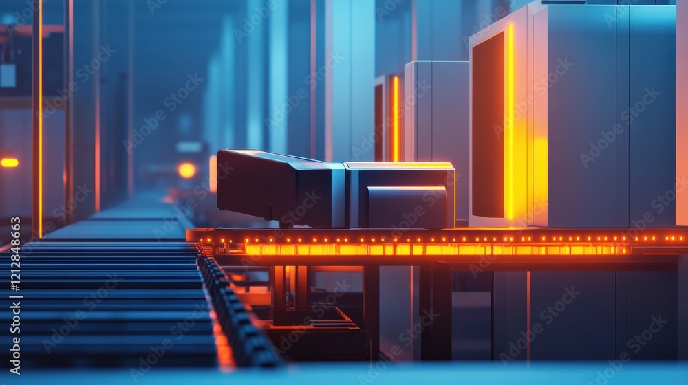 Poster manufacture conveyor. computing production, modern factory with machine. industrial technology, smar