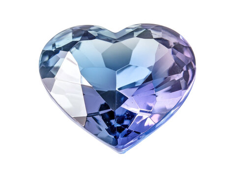 The image shows a close up of a heart shaped gemstone with a blue and purple gradient, exhibiting exceptional brilliance and clarity.