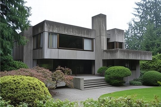 A modernist concrete Brutalist style house surrounded by lush greenery, featuring large windows and a unique geometric design. The structure has a minimalist aesthetic with a flat roof.