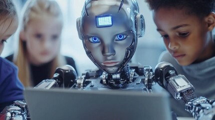 Group of diverse schoolkids learning and using laptop gadgets for programming for software robotics engineering class. Elementary school science classroom of technologies. STEM education concept.
