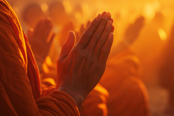 Close-up of hands clapping in the background, with monks wearing orange robes. 